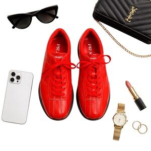 Prada Vintage Red Leather Sneakers Women's Size 8 Lace-Up Low Top Logo Sole GUC